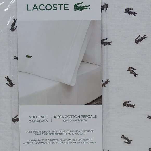 Lacoste Queen Sheet Set 100% Cotton Percale Lightweight Durable Crocodile - Picture 4 of 11